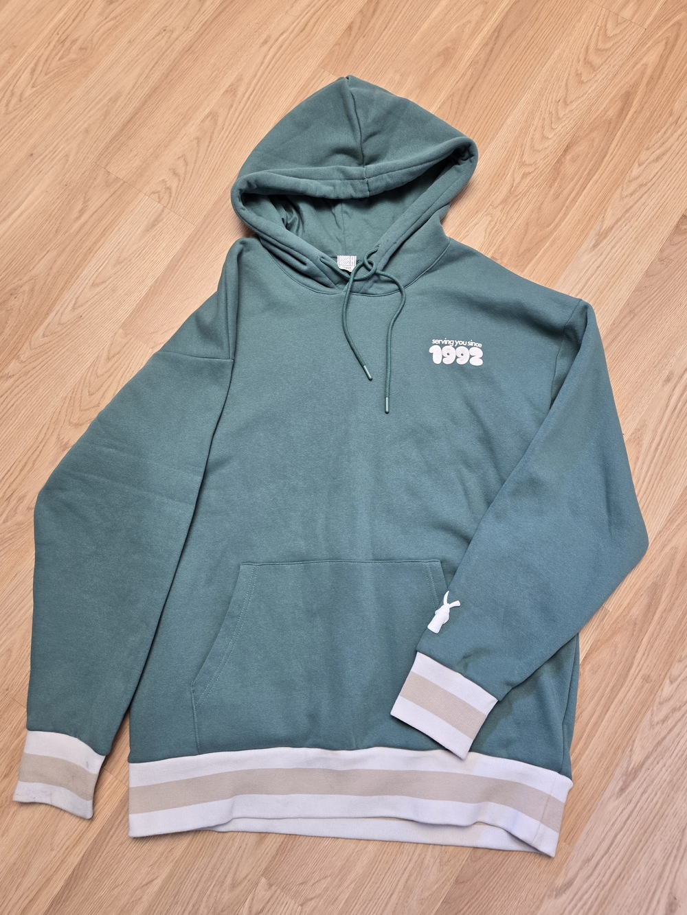 Dutch Bros Teal Pullover Hoodie with Cream & White Stripes